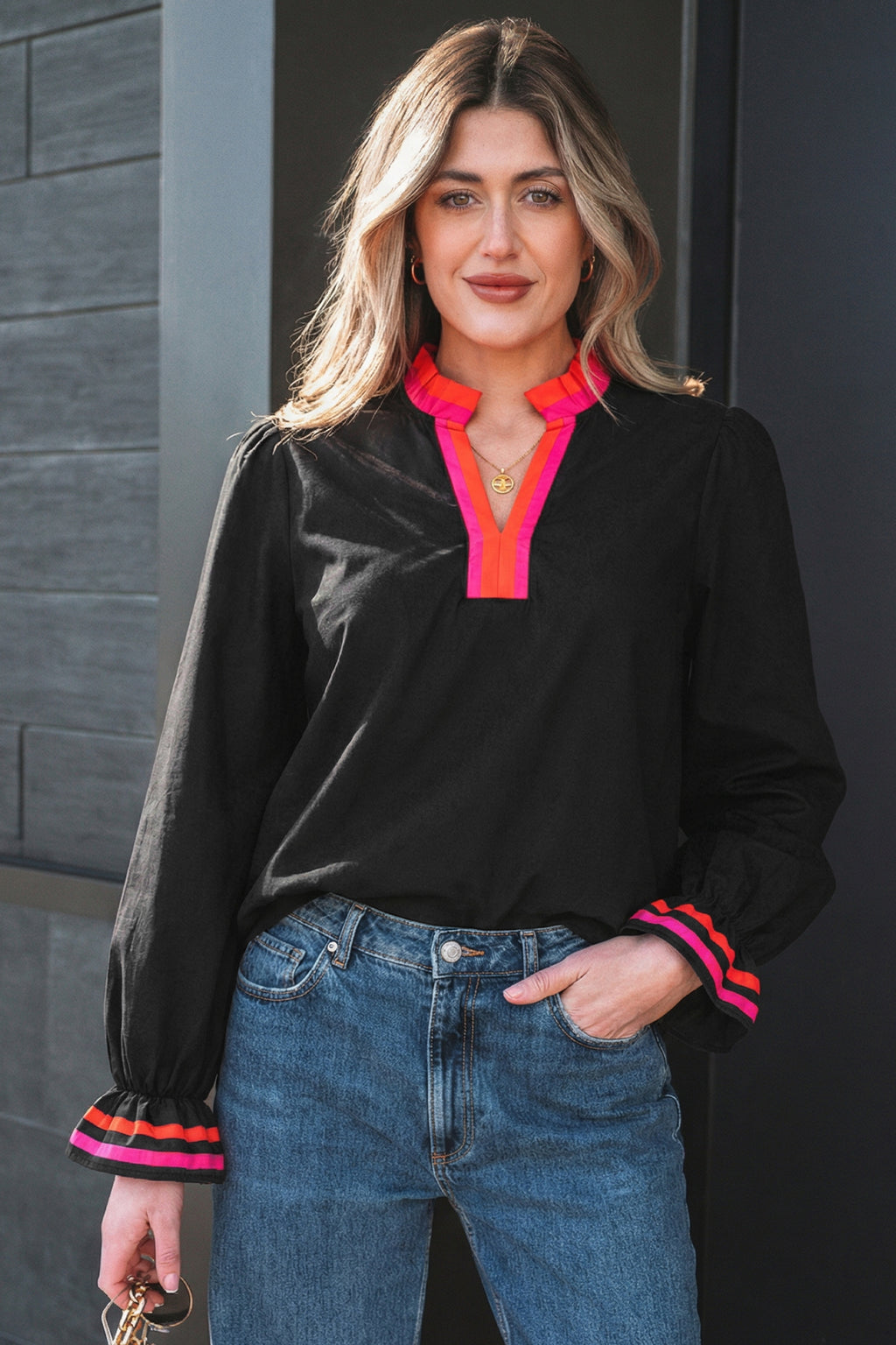 Fiery Red Striped Trim Ruffle Split Neck Long Sleeve Blouse