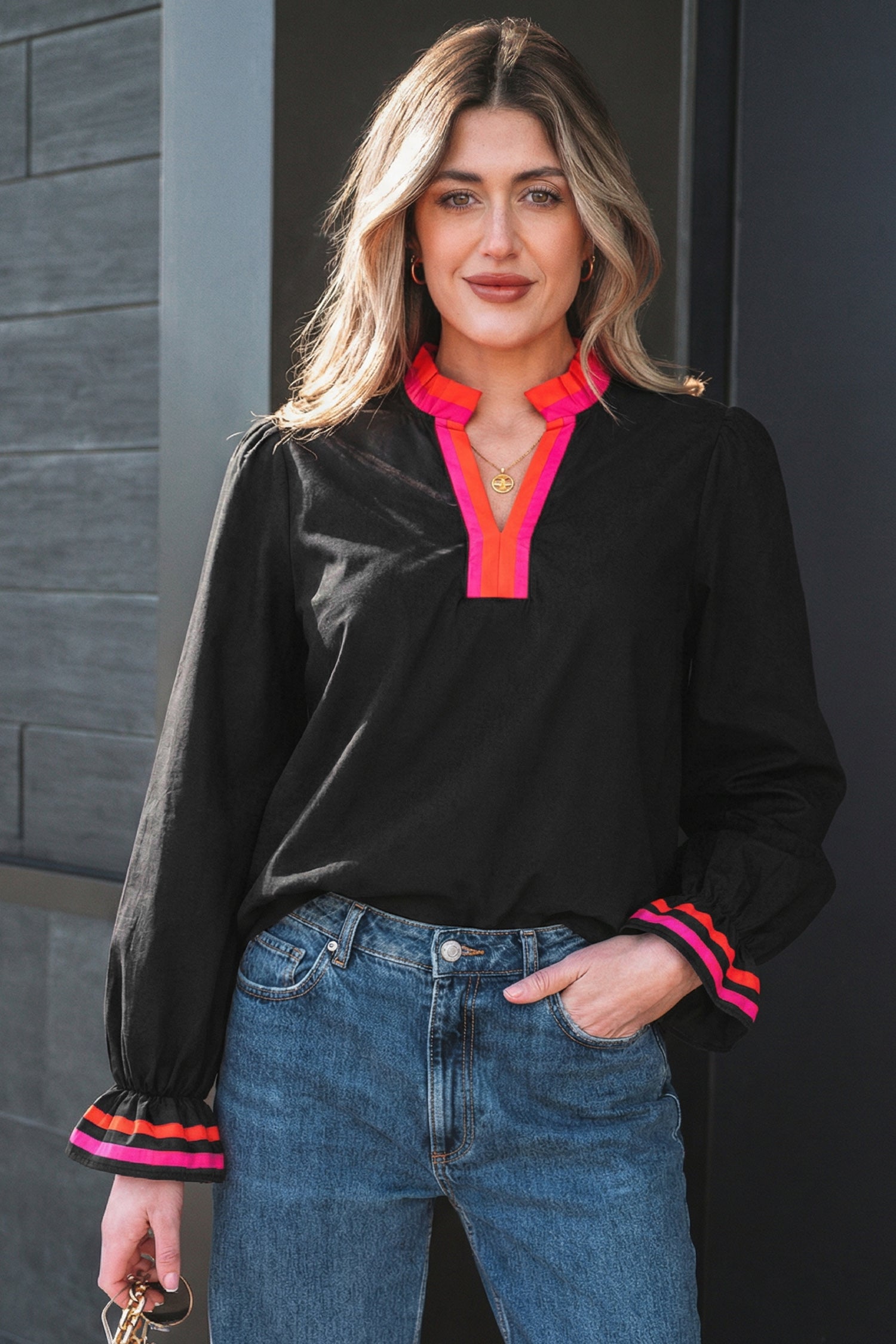 Fiery Red Striped Trim Ruffle Split Neck Long Sleeve Blouse