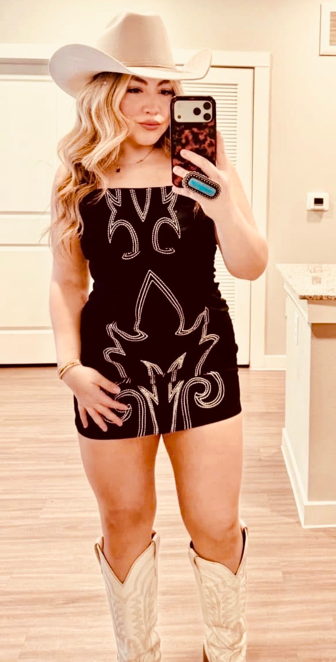 Black boot stitched dress