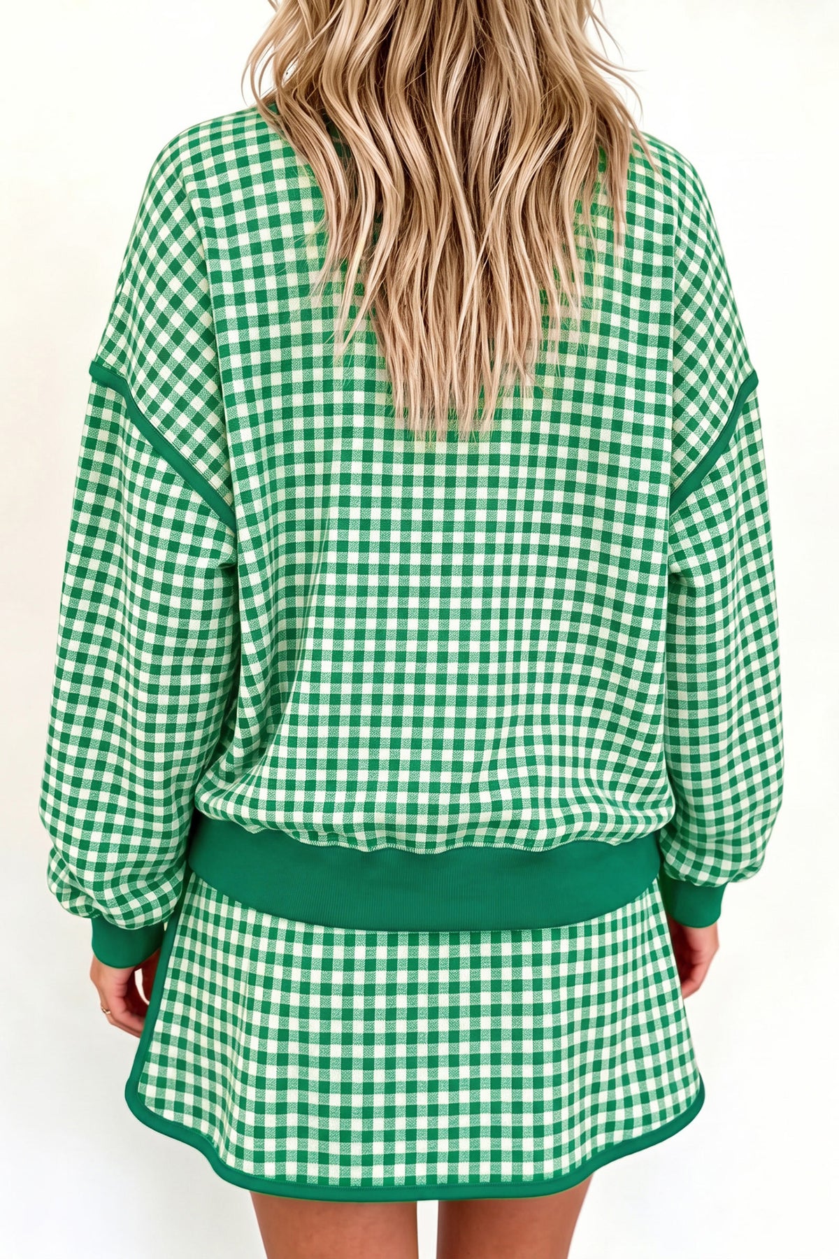 Pink Gingham Oversized Ribbed Trim Crew Neck Long Sleeve Top and Skort Set