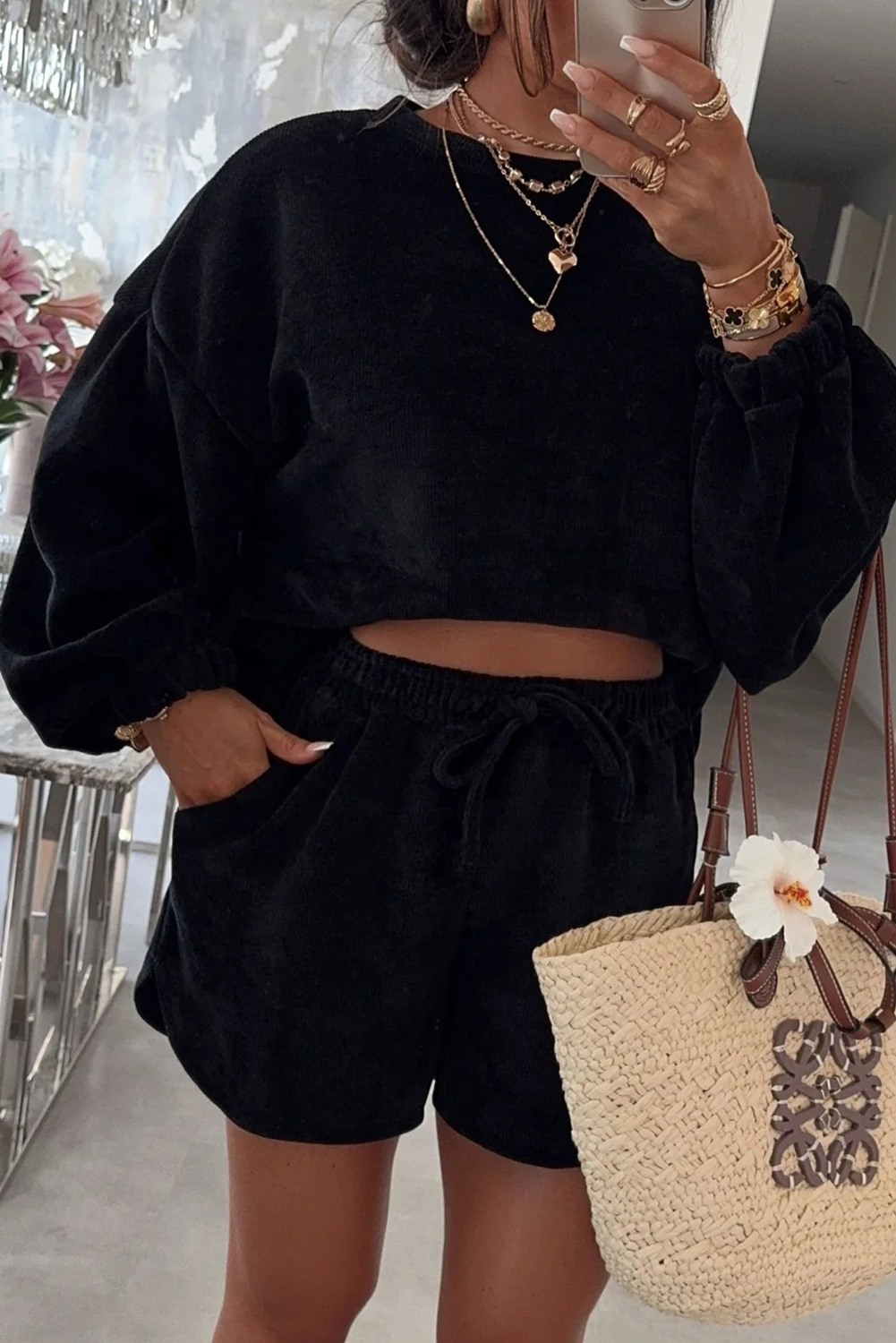 Black Solid Color Textured Knit Drop Shoulder Pullover Drawstring Shorts Set