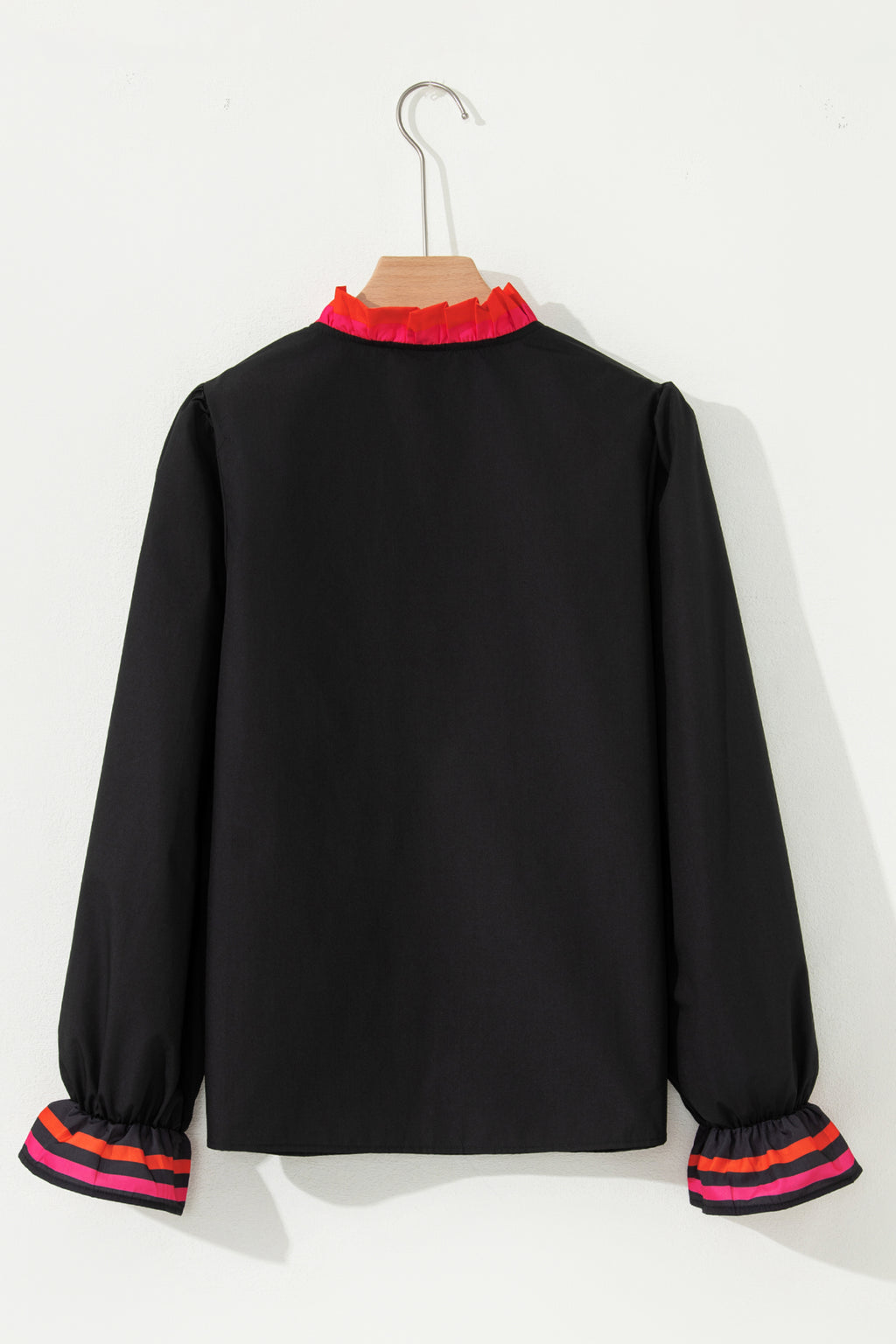 Fiery Red Striped Trim Ruffle Split Neck Long Sleeve Blouse