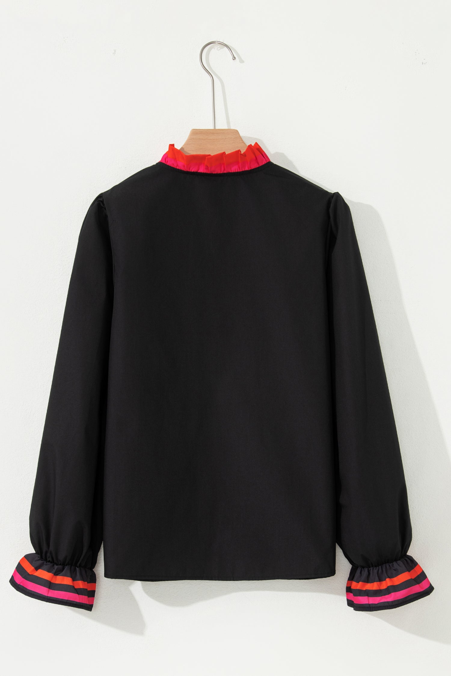 Fiery Red Striped Trim Ruffle Split Neck Long Sleeve Blouse