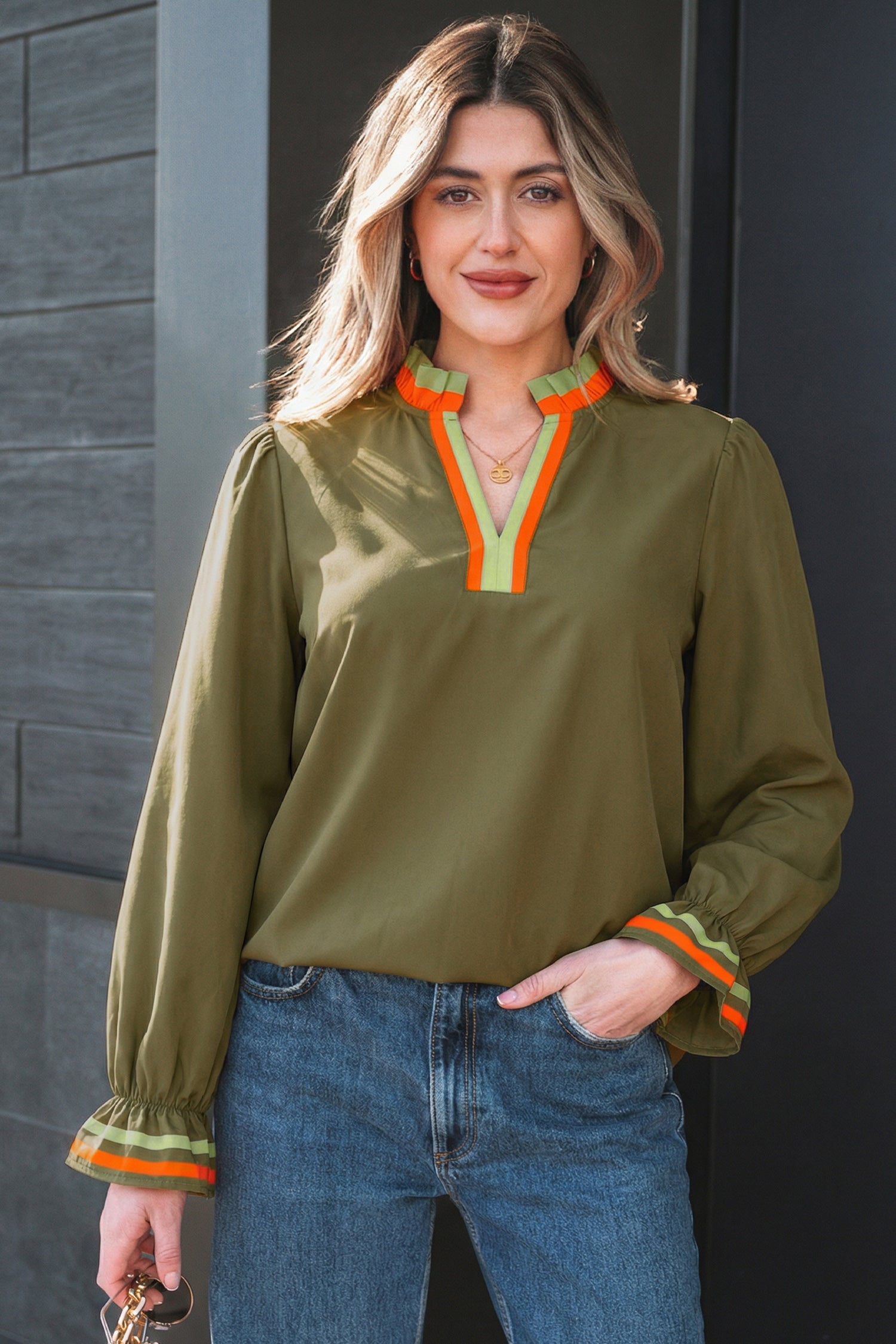 Fiery Red Striped Trim Ruffle Split Neck Long Sleeve Blouse
