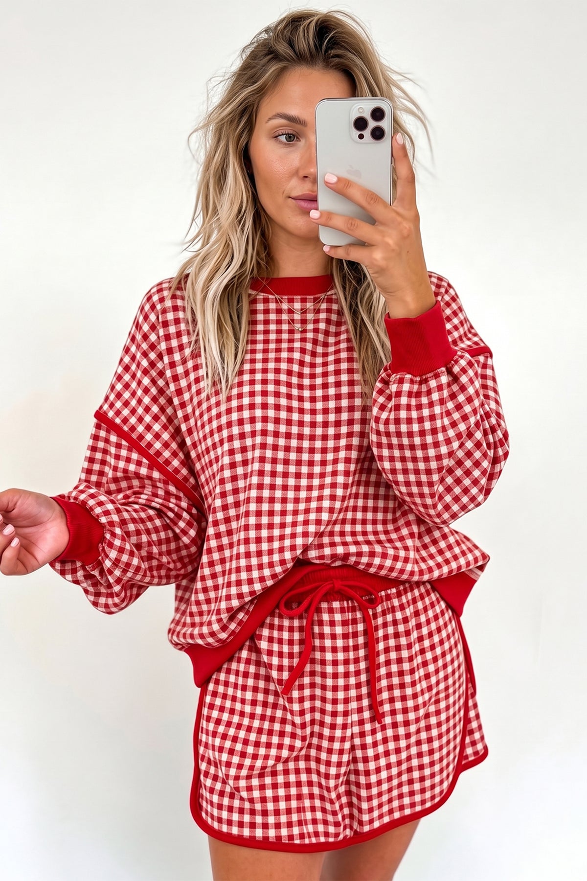 Pink Gingham Oversized Ribbed Trim Crew Neck Long Sleeve Top and Skort Set