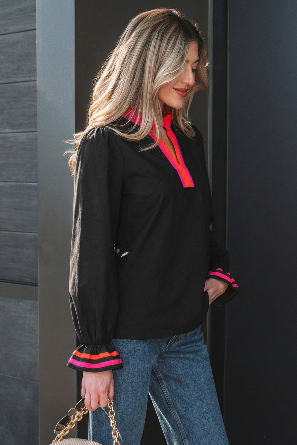 Fiery Red Striped Trim Ruffle Split Neck Long Sleeve Blouse