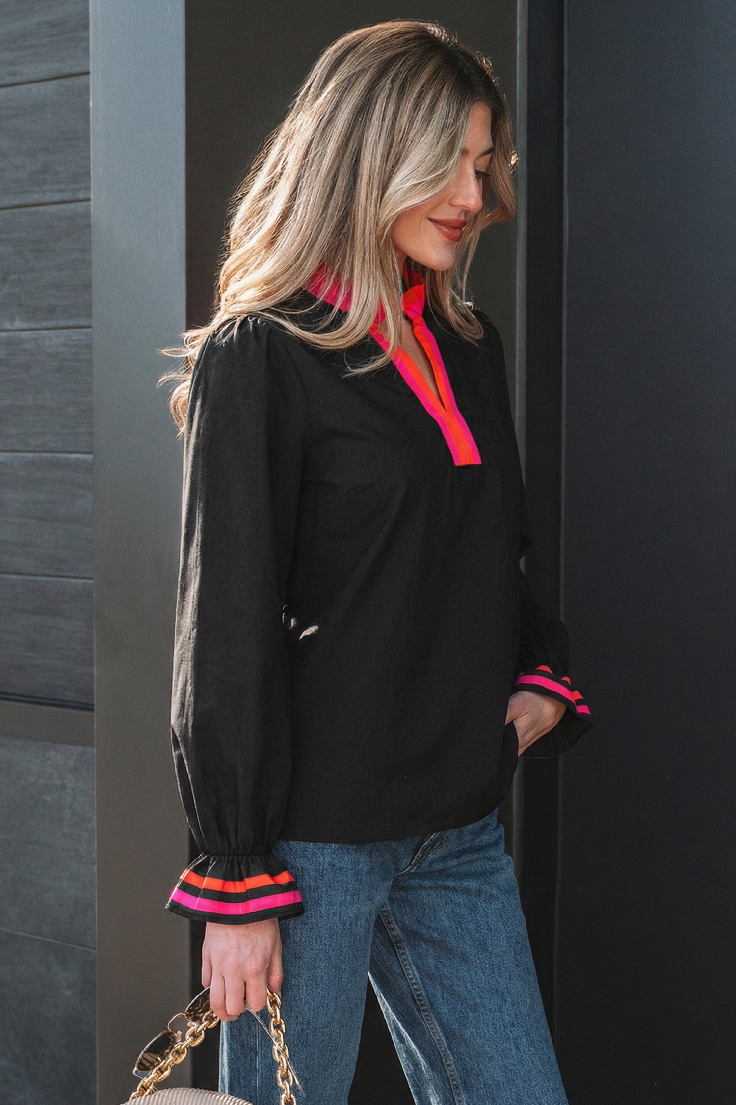 Fiery Red Striped Trim Ruffle Split Neck Long Sleeve Blouse