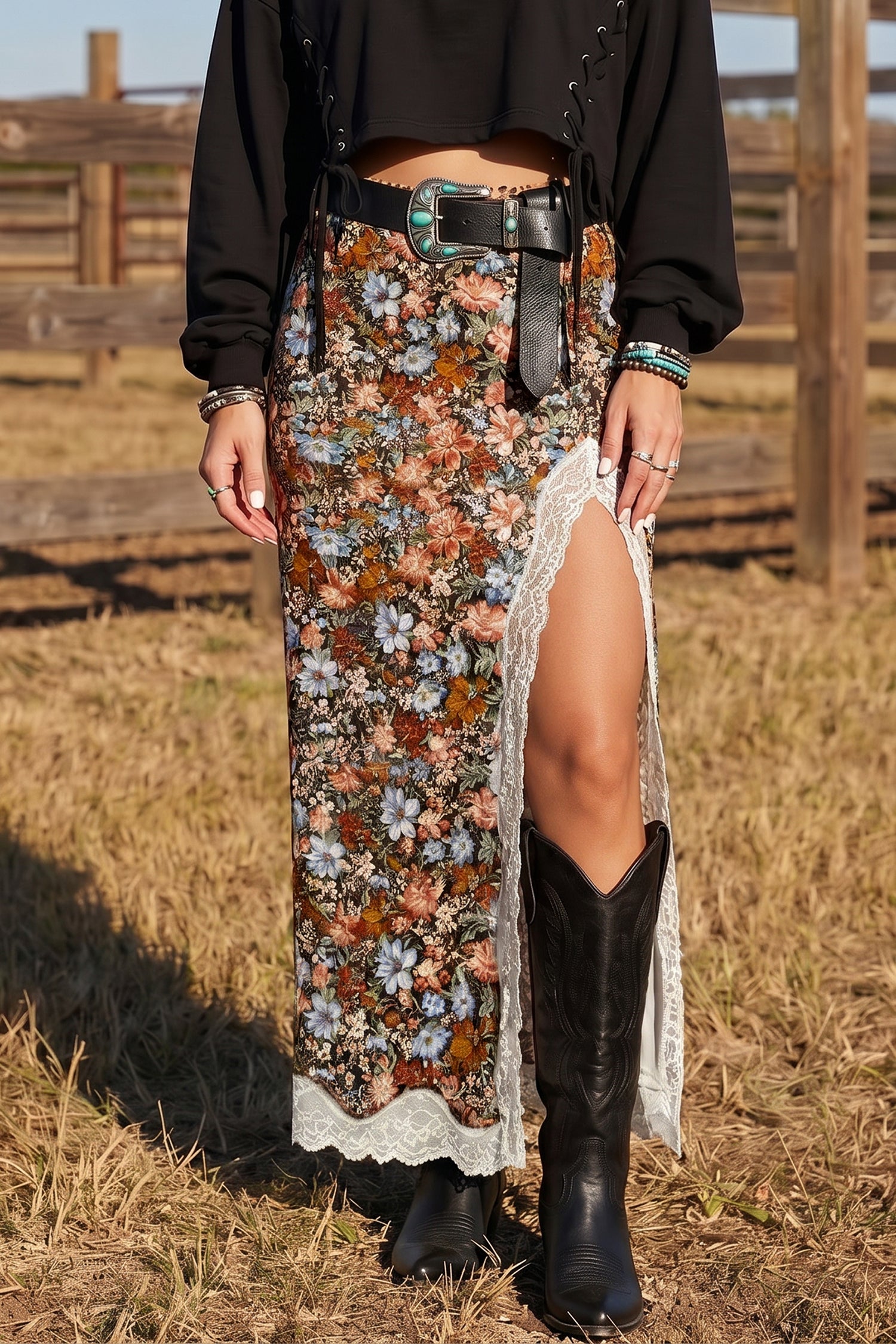 Brown Cheetah Print Trim Split Long Western Skirt