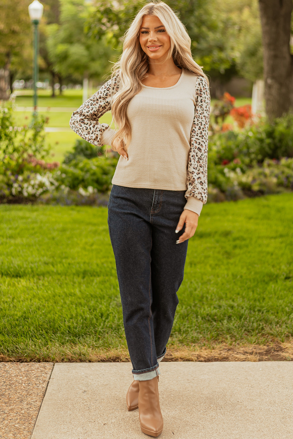 Apricot Leopard Sleeve Patchwork Ribbed Knit U Neck Top