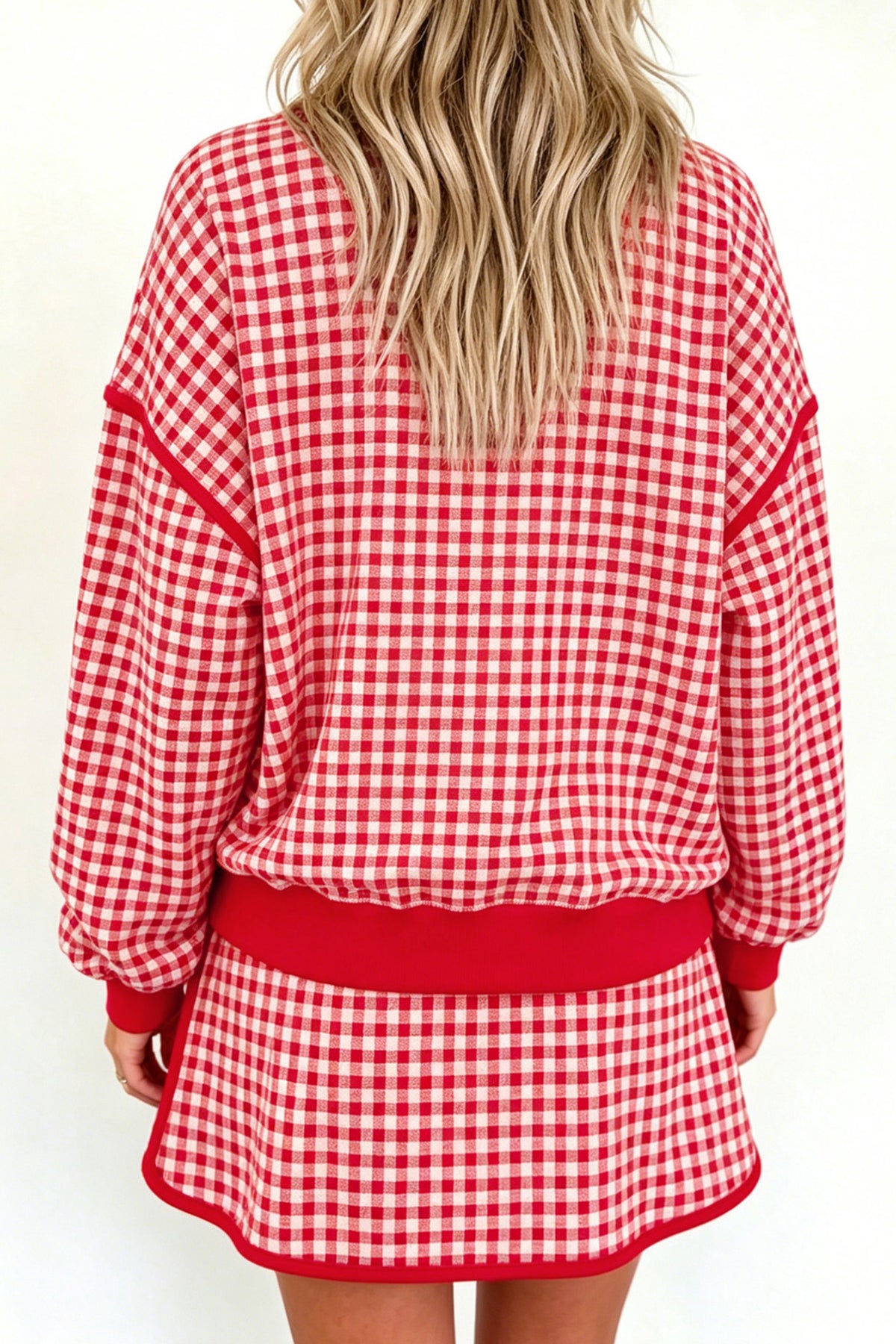 Pink Gingham Oversized Ribbed Trim Crew Neck Long Sleeve Top and Skort Set