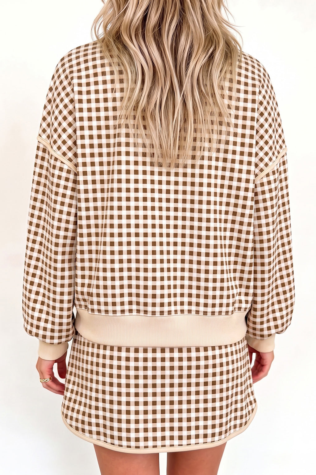 Pink Gingham Oversized Ribbed Trim Crew Neck Long Sleeve Top and Skort Set