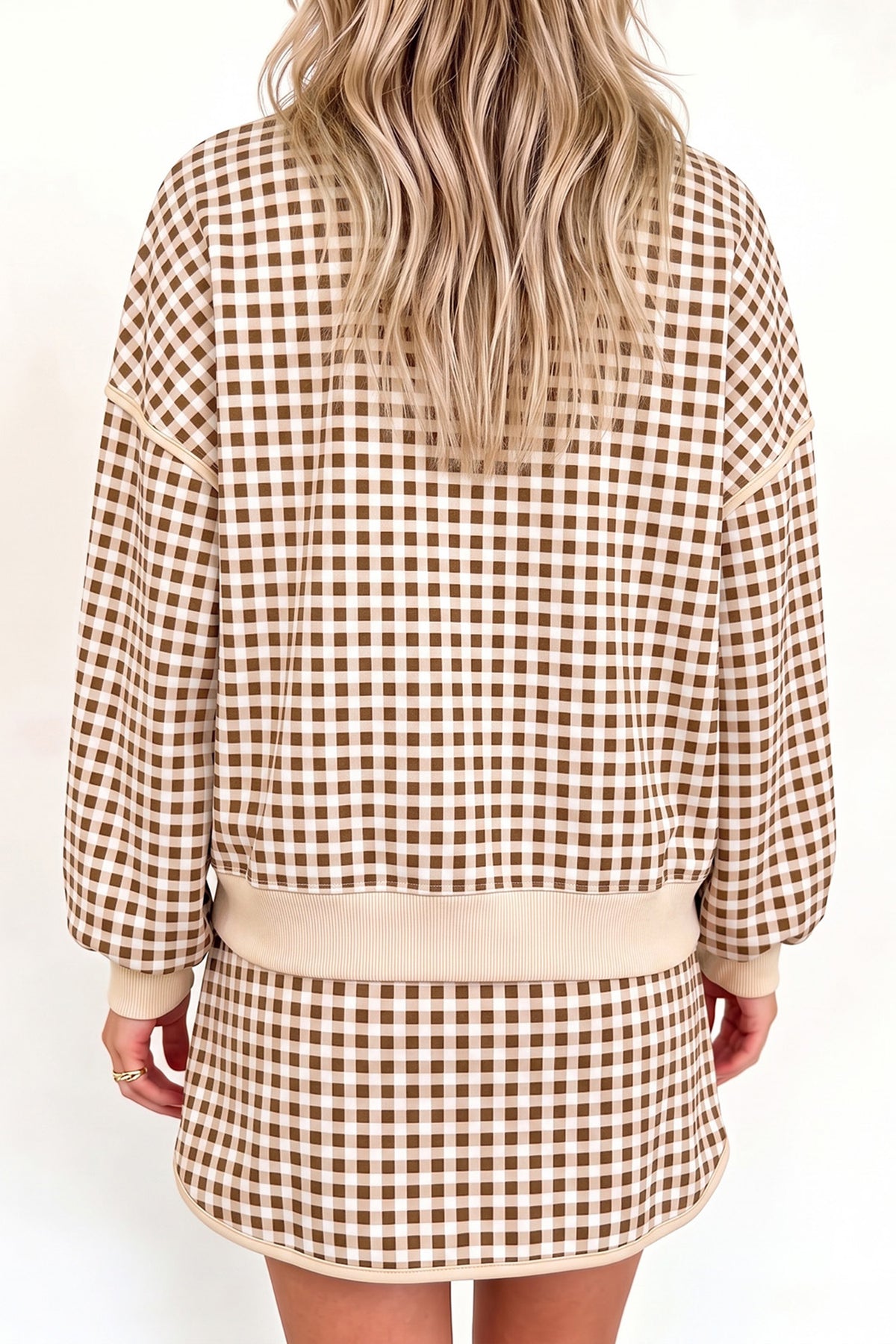 Pink Gingham Oversized Ribbed Trim Crew Neck Long Sleeve Top and Skort Set