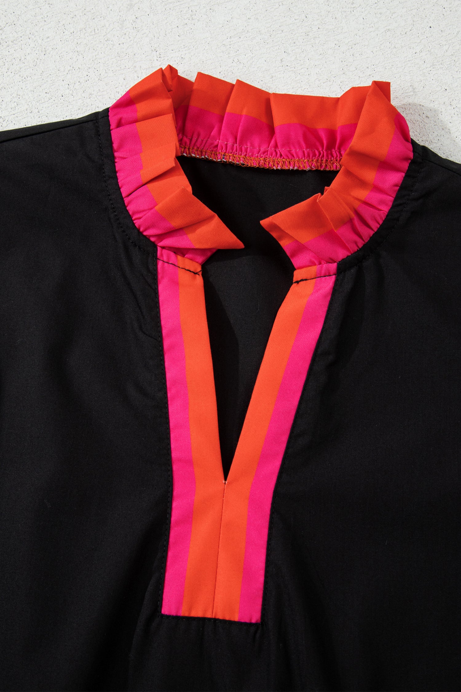 Fiery Red Striped Trim Ruffle Split Neck Long Sleeve Blouse
