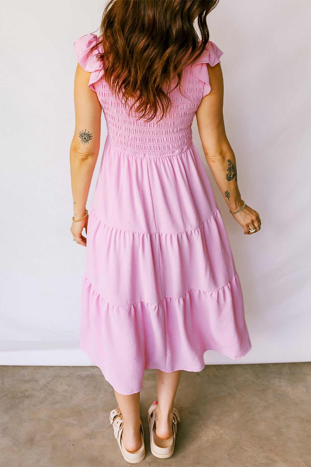 Pink Smocked Bodice Flutter Sleeve Fit Flare Tiered Midi Dress