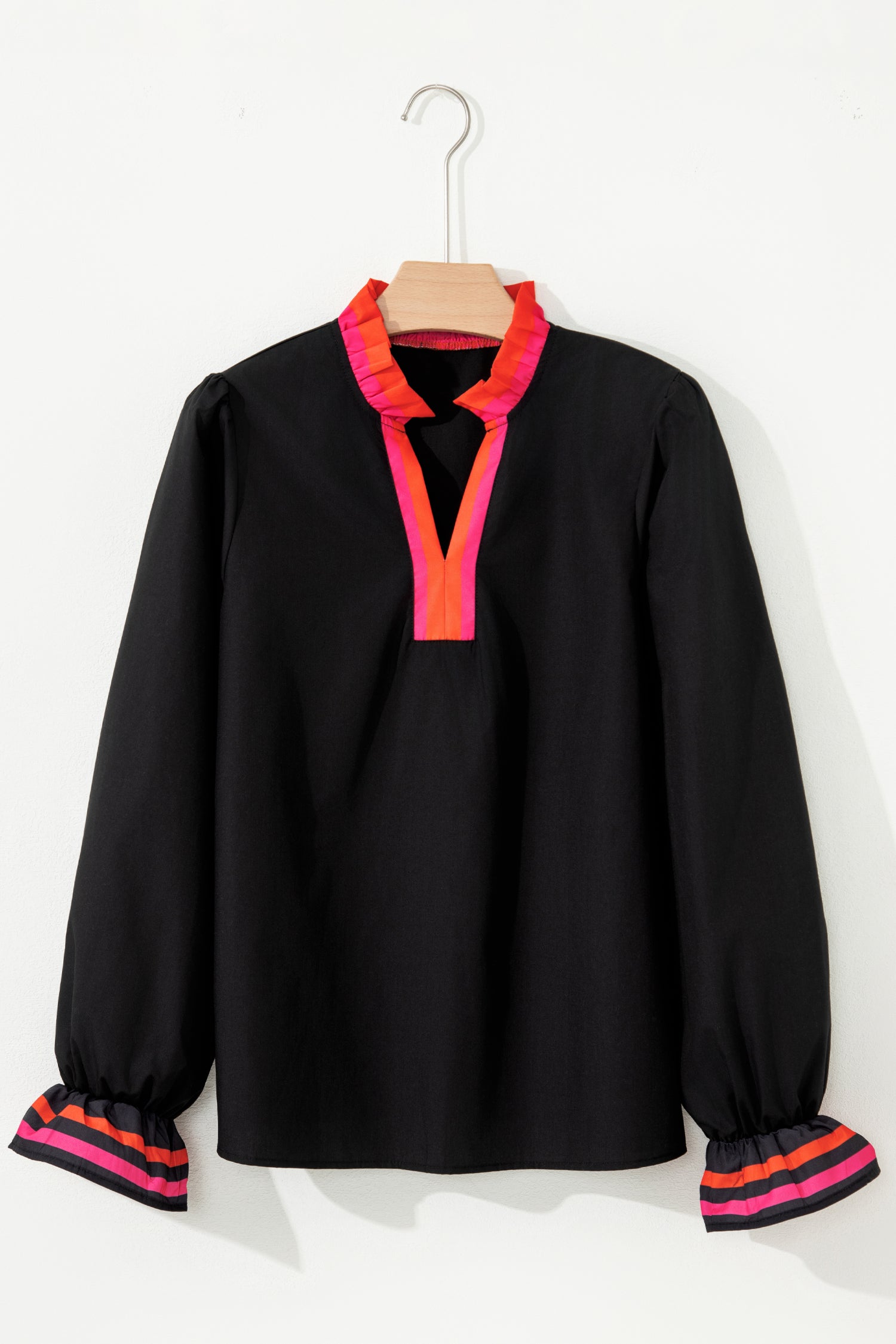 Fiery Red Striped Trim Ruffle Split Neck Long Sleeve Blouse