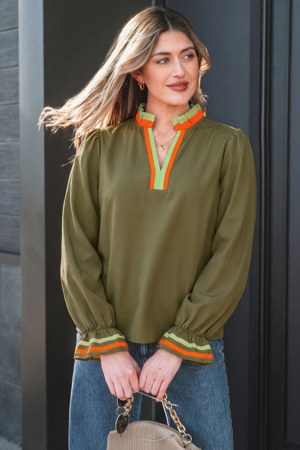 Fiery Red Striped Trim Ruffle Split Neck Long Sleeve Blouse