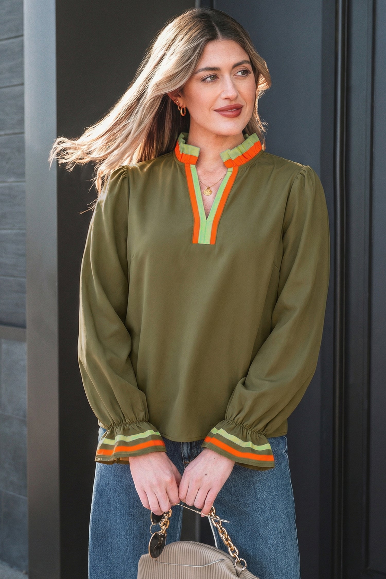 Fiery Red Striped Trim Ruffle Split Neck Long Sleeve Blouse