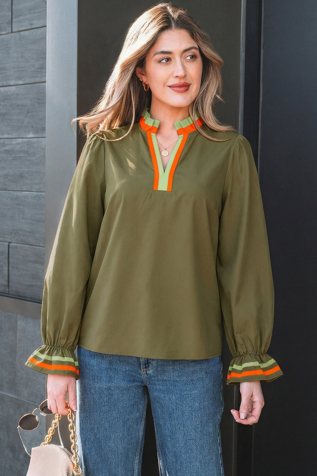 Fiery Red Striped Trim Ruffle Split Neck Long Sleeve Blouse